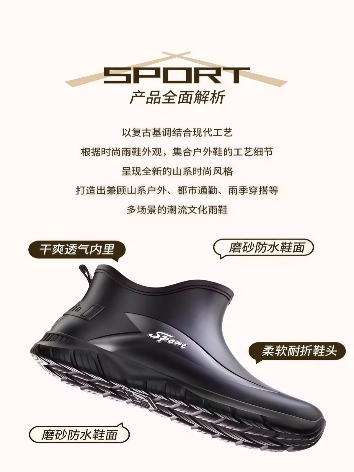 时尚钓鱼工作雨鞋男士短筒防水休闲雨靴外穿厨房防滑胶鞋厚底水鞋 - 详情图